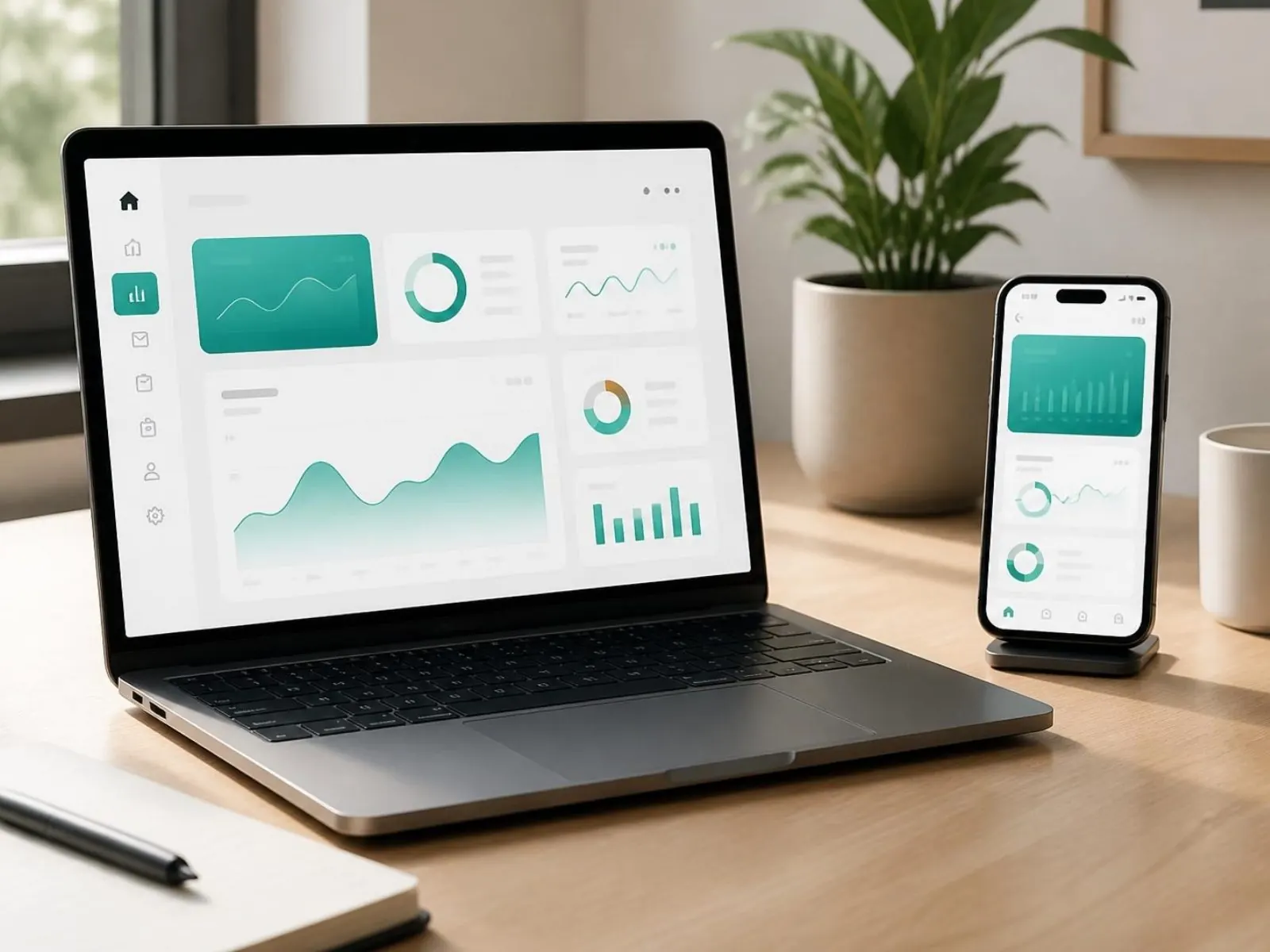 Ordinateur et smartphone affichant des tableaux de bord SaaS